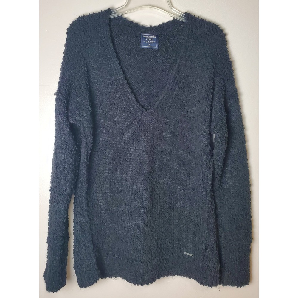 Abercrombie And Fitch Black V Neck Popcorn Fuzzy Sweater Women's Medium Y2K